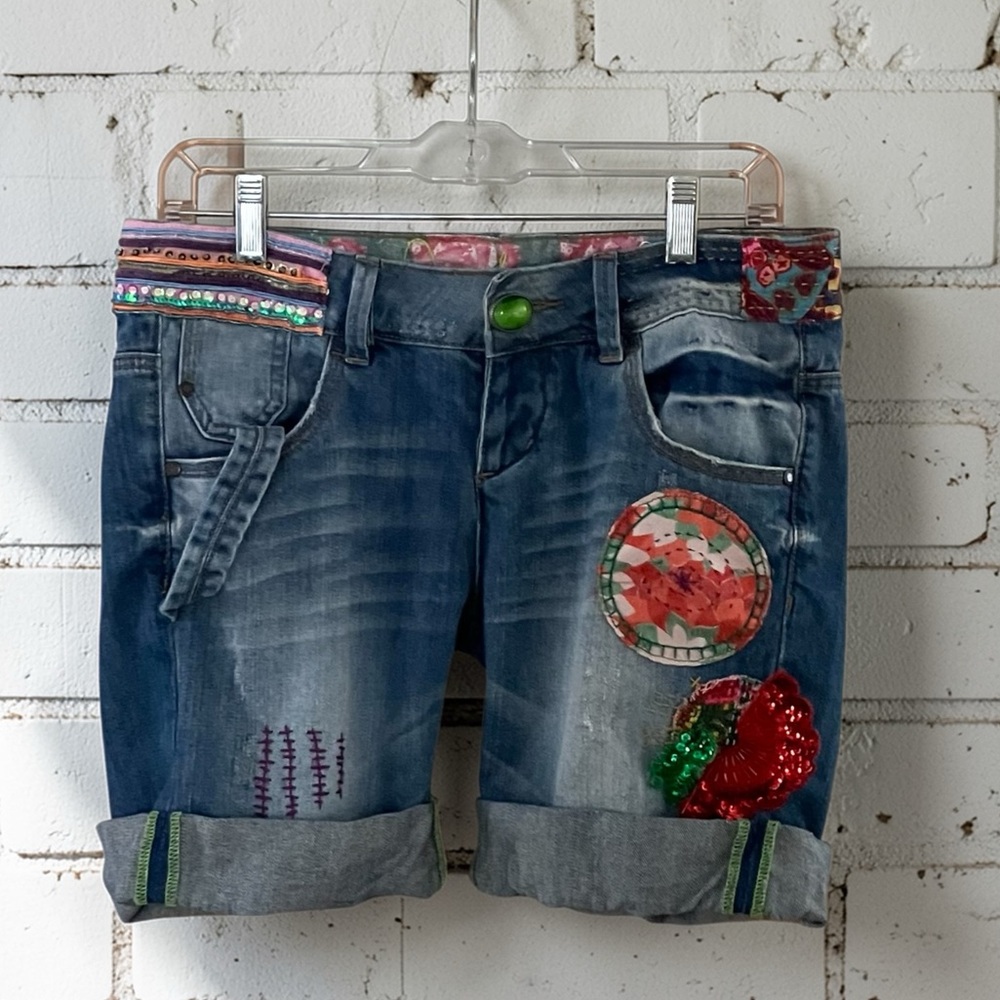 Desigual Blue Embroidered & Patchwork Boho Denim Shorts